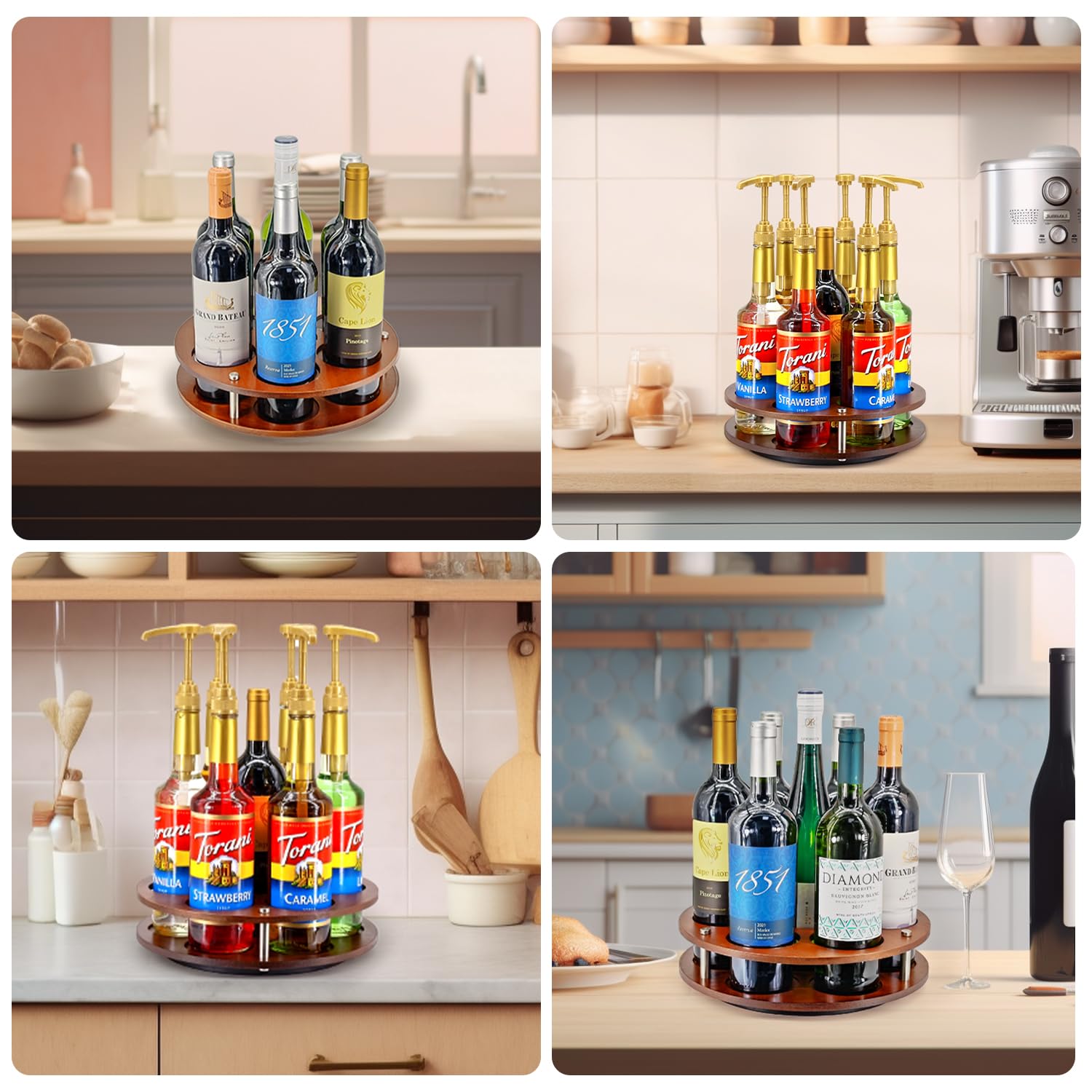 SHILFID Rotating Coffee Syrup Organizer Rack,Syrup Bottle Stand Holder for Coffee Syrup Station,7 Bottles Storage Display Turntable Tray&Lazy Susan for Syrup,Liquor Wine in Kitchen Countertop