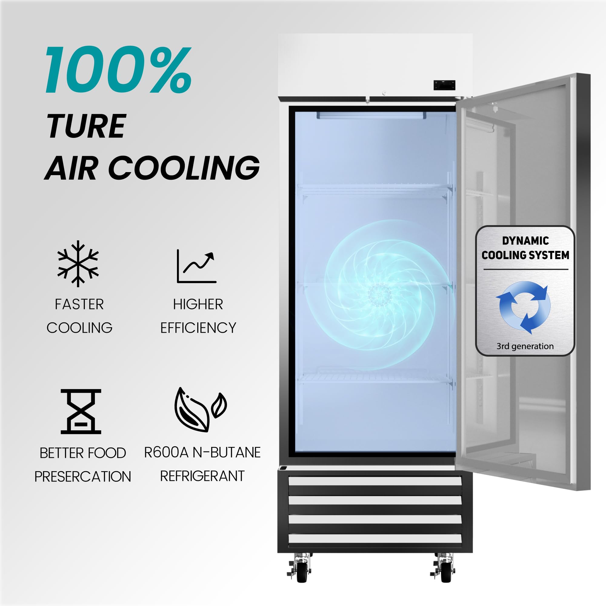 KICHKING 27" W Dynamic Cooling Commercial Refrigerator 23 Cu. Ft OmniSmart Temperature Control 33℉~41℉ Stainless Steel Reach-In Commercial Refrigerator Digital Thermostat LED Lighting 3 Shelves