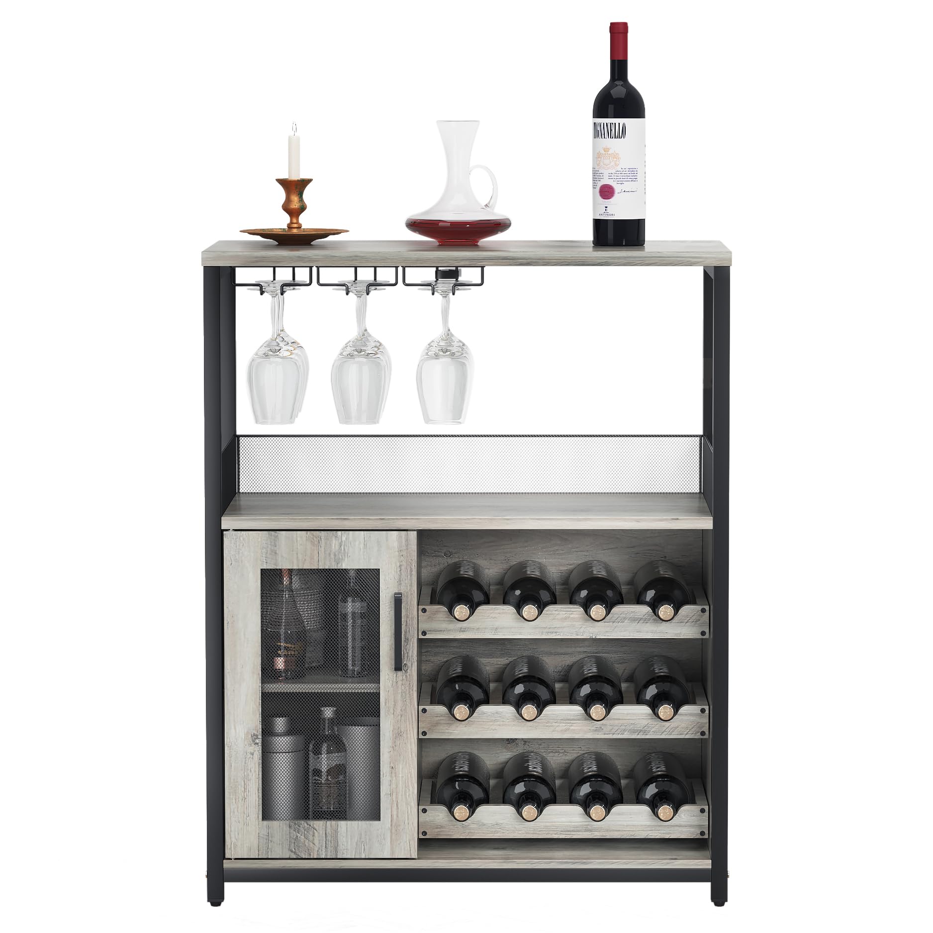 GAOMON Wine Bar Rack Cabinet with Detachable Wine Rack, Bar Cabinet with Glass Holder, Small Sideboard and Buffet Cabinet with Mesh Door (Grey)