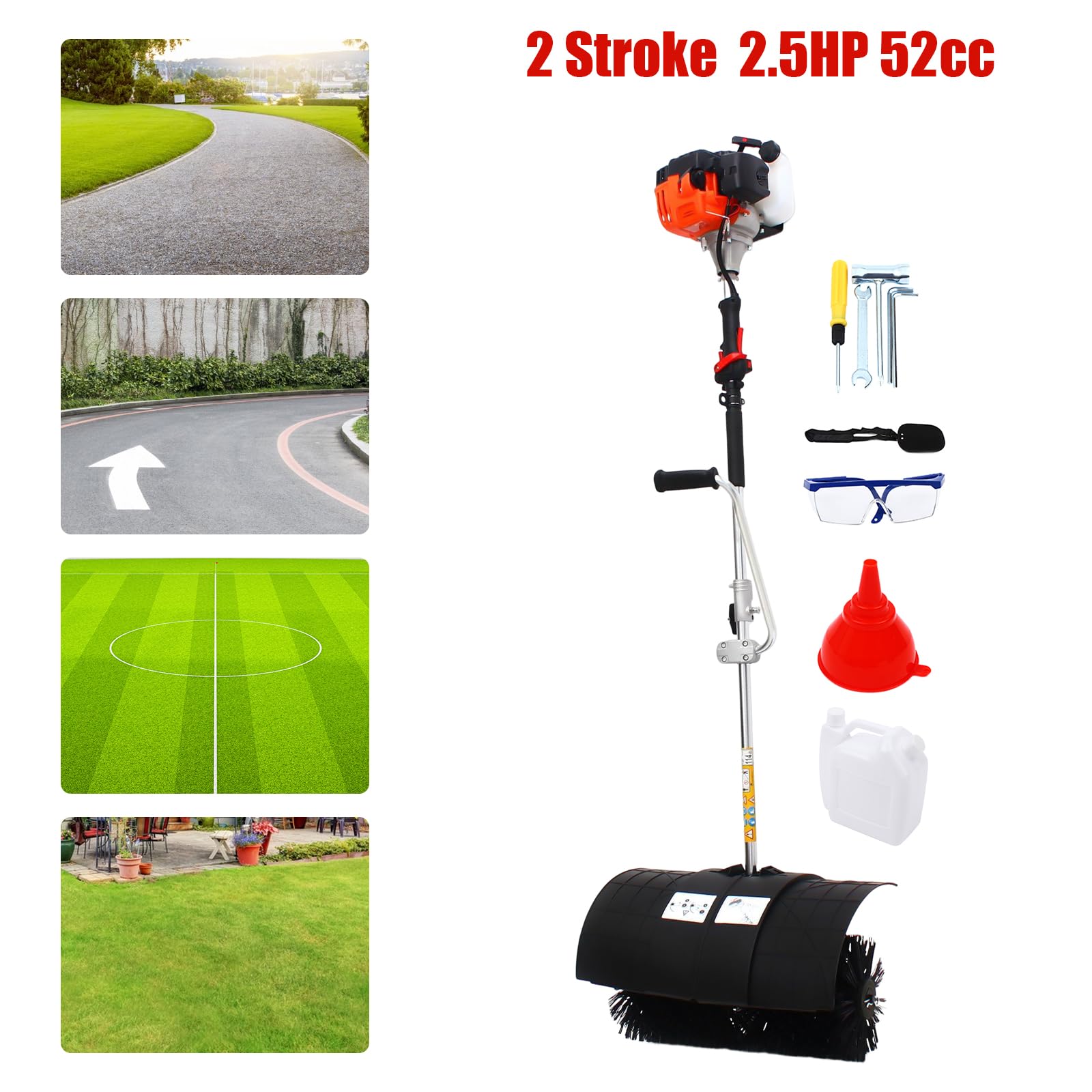 Upgraded Outdoor Walk-Behind Hand Push Gas Power Broom with Blower, 52cc 2.5 HP Gasoline Power Broom Walk Behind Broom Sweeper Cleaning Driveway Tools High Performance Cleaner 1.8M 0.22gal Tank