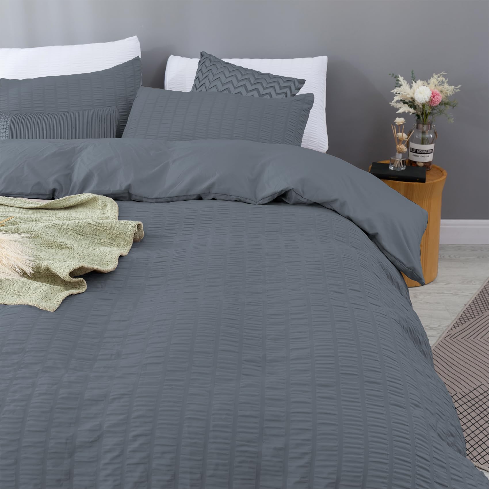 Bowavat Seersucker Duvet Cover Full/Queen Size,100% Washed Microfiber 3 Pieces Dark Grey Duvet Cover Set, Soft Textured Bedding Set with Zipper Closure and Corner Ties (Dark Grey, Full/Queen)