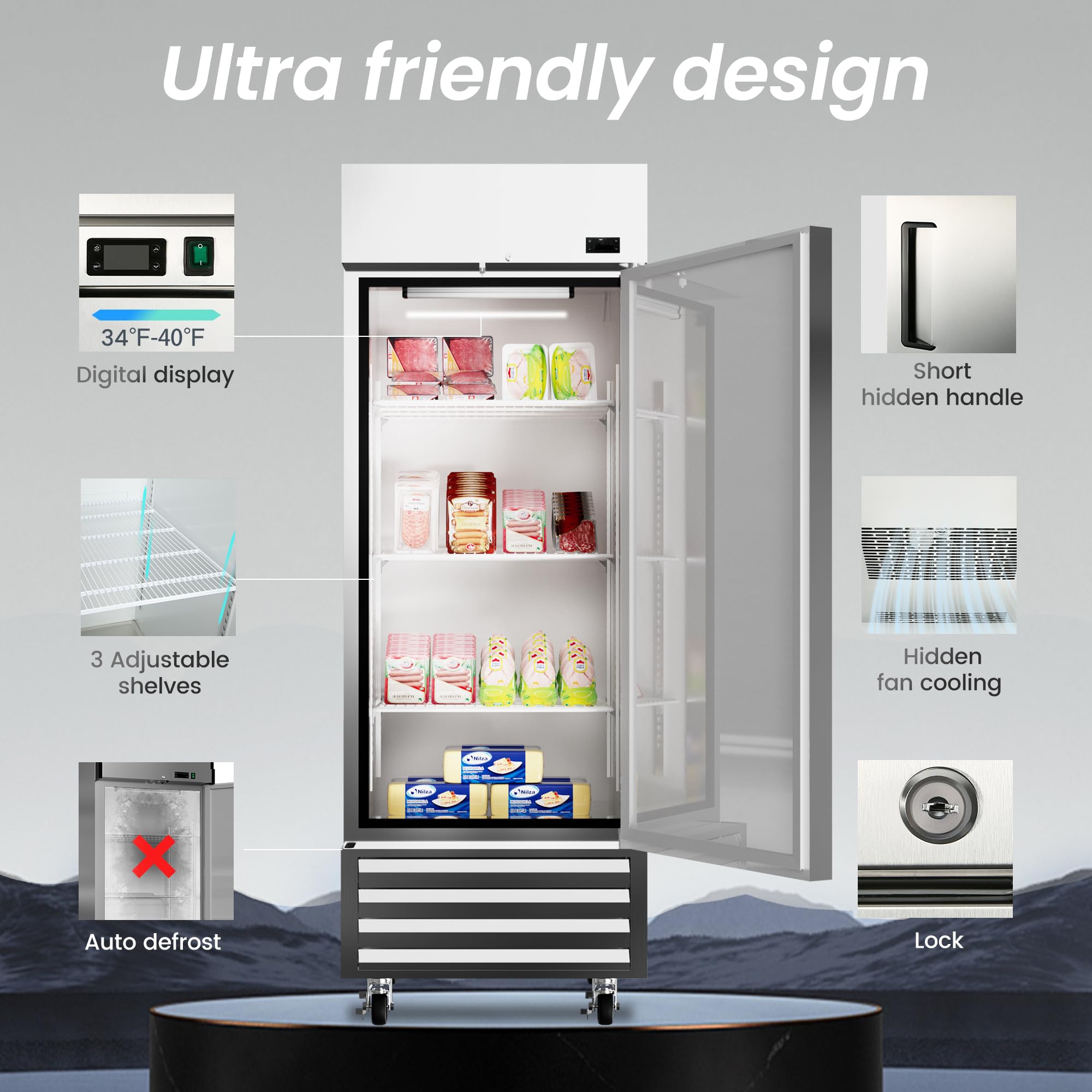 KICHKING 27" W Dynamic Cooling Commercial Refrigerator 23 Cu. Ft OmniSmart Temperature Control 33℉~41℉ Stainless Steel Reach-In Commercial Refrigerator Digital Thermostat LED Lighting 3 Shelves