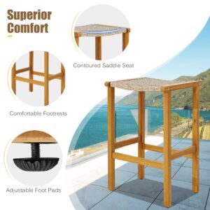 COSTWAY Outdoor Bar Stools Set of 2, 30-inch Height Backless Bar Chairs with Acacia Wood Frame, PE Wicker Saddle Seat, Footrest, Patio 2-Pack Bar High Stools for Garden Porch Poolside Backyard