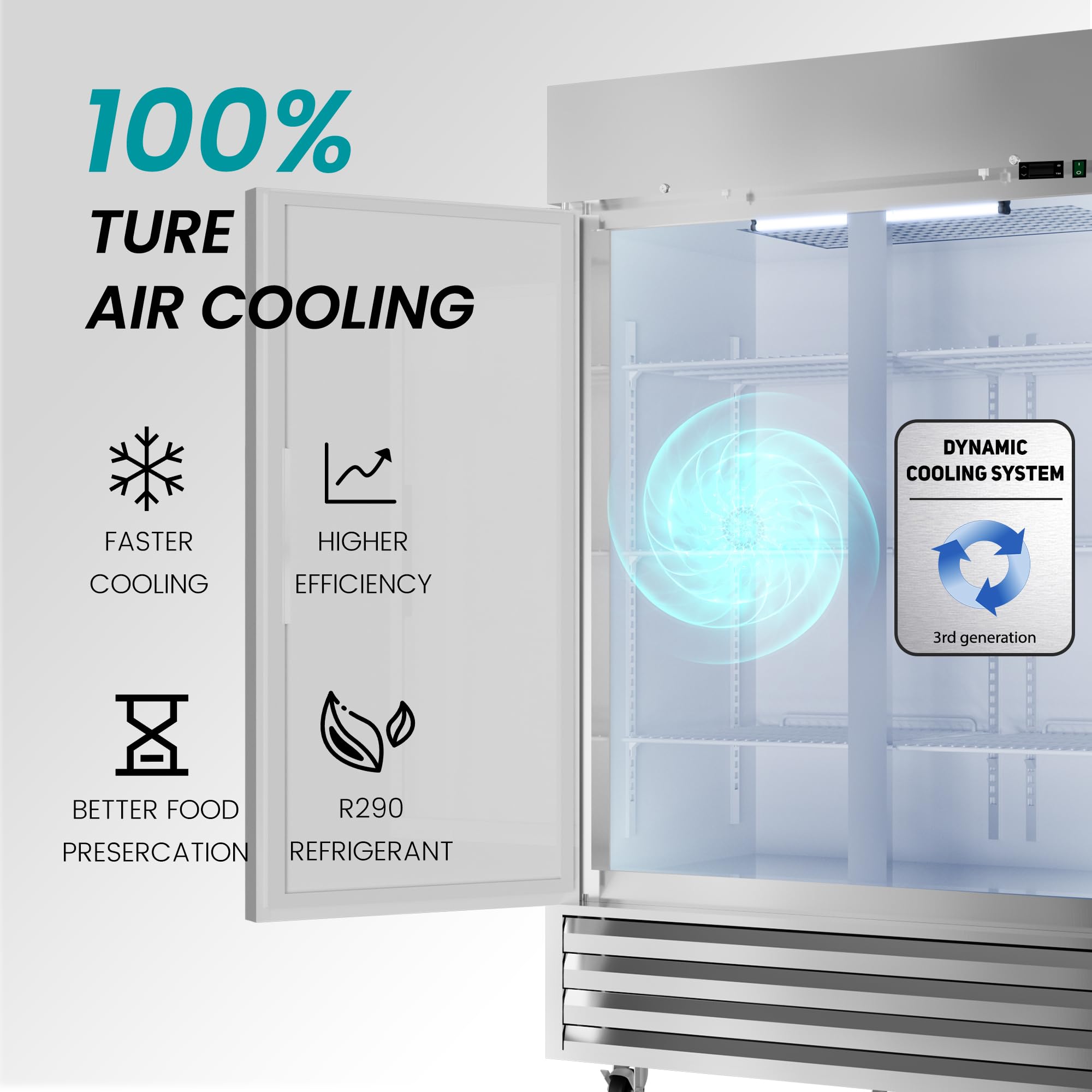 KICHKING 54"W 2 Door Commercial Freezer 49 Cu.Ft Dynamic Cooling OmniSmart Temperature Control -10℉~10℉ Self Closing Stainless Steel Reach-In Commercial Freezer Digital Thermostat LED Light 6 Shelves