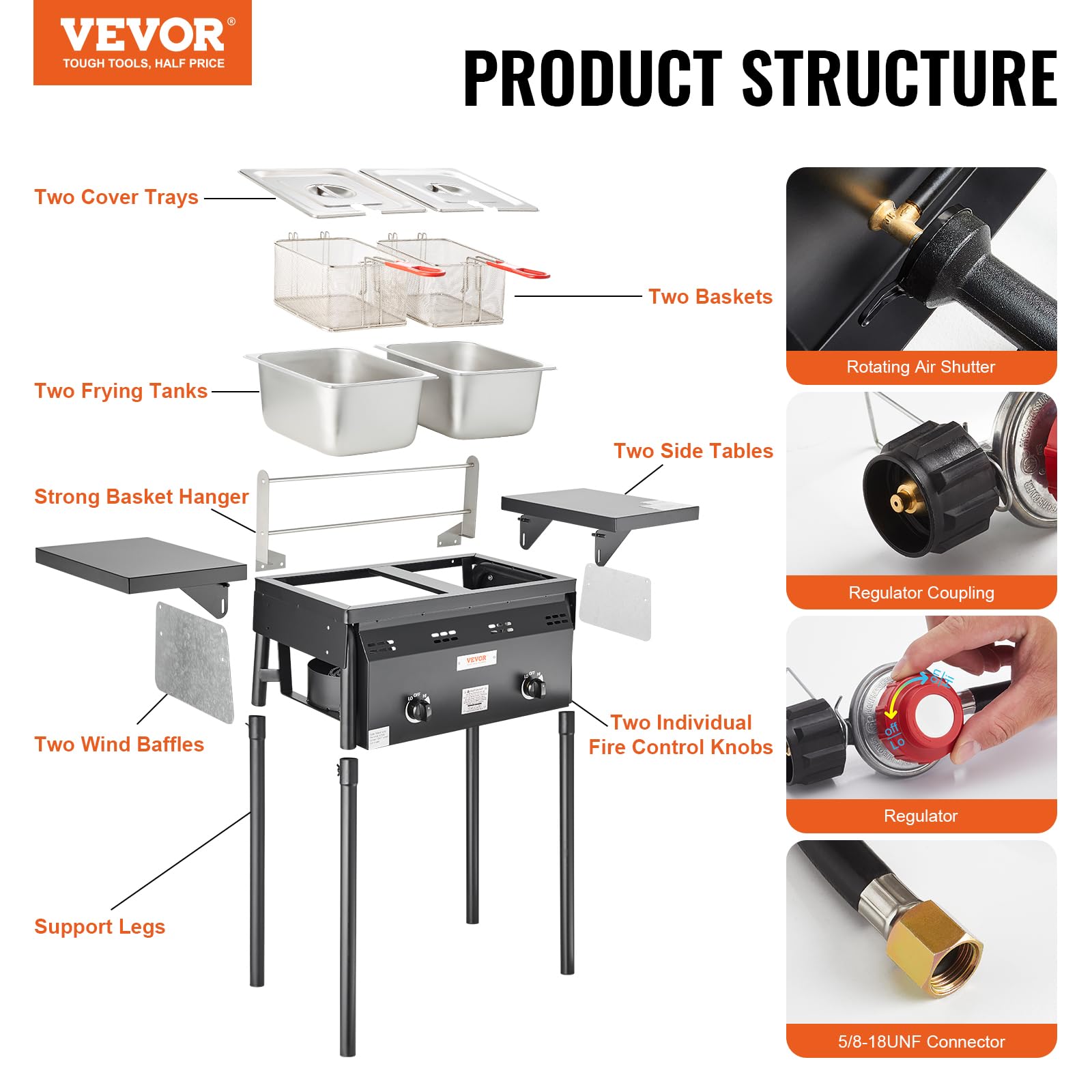 VEVOR Outdoor Propane Deep Fryer, Double Burners Commercial Fryer, 16 Qt Stainless Steel Cooker with Removable Baskets & Lids & Tanks, Oil Fryer Cart with Thermometer & Regulator, For Outdoor Cooking