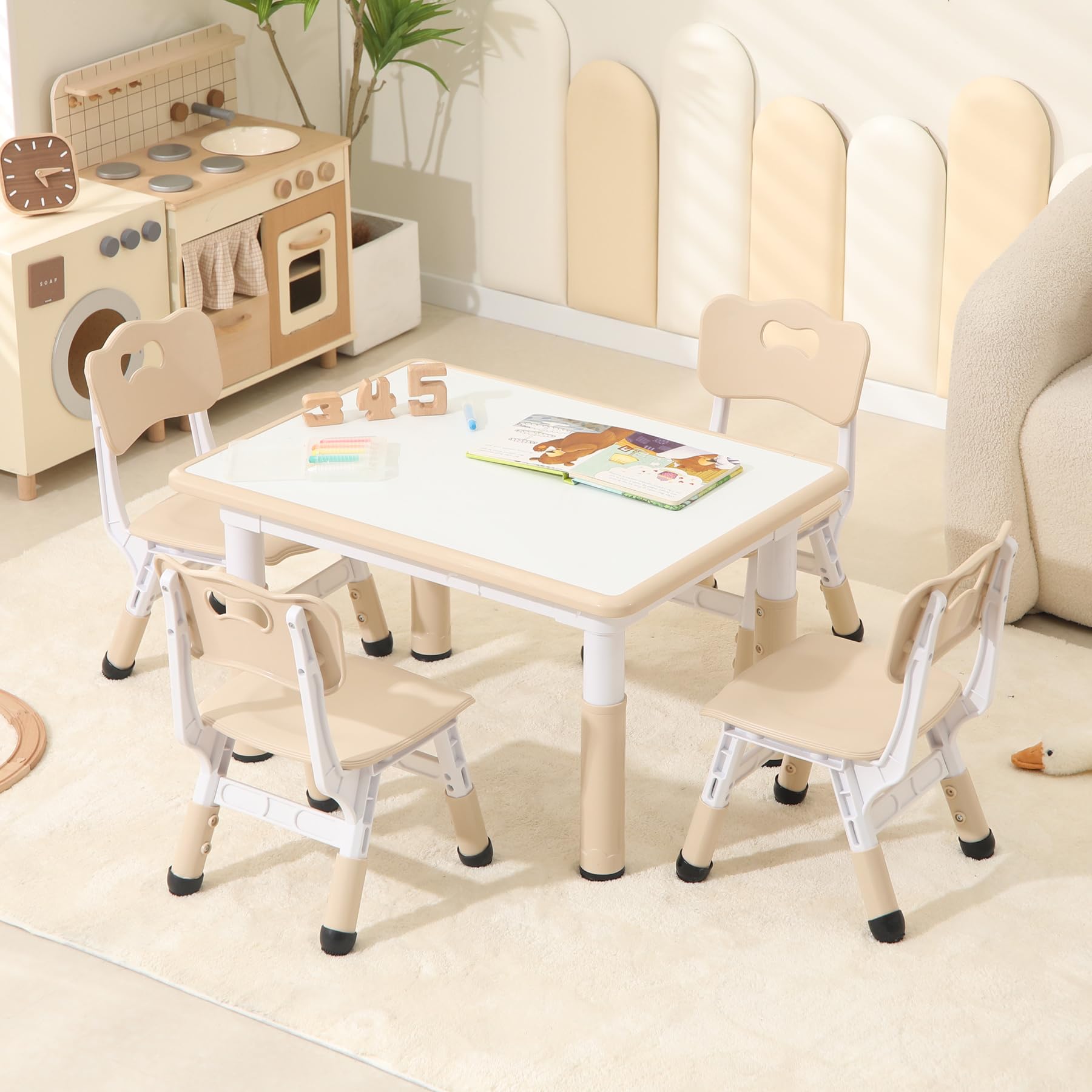 Hulaibit Toddler Table and Chairs, Kids Table and 4 Chairs Set with Graffiti Desktop, Height-Adjustable Kids Study Table for Boys and Girls Aged 3-8, Max 300lbs