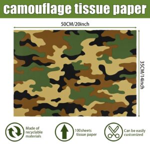 100 Sheets 20 * 14 Inches Camo Tissue Paper for Gift Wrapping, Green Black Camouflage Tissue Paper for Gift Bags for Birthday Camping Themed Party Retirement Hunting Party DIY Craft