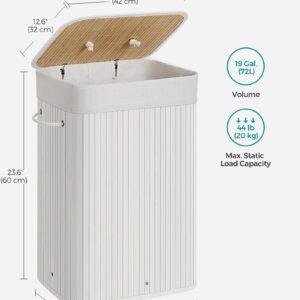 SONGMICS Foldable Laundry Hamper with Lid, 19 Gal. Bamboo Laundry Basket, Rectangular Storage Hamper with 3 Handles, 15.7 x 11.8 x 23.6 Inches, for Laundry Room, Bedroom, White ULCB010W01