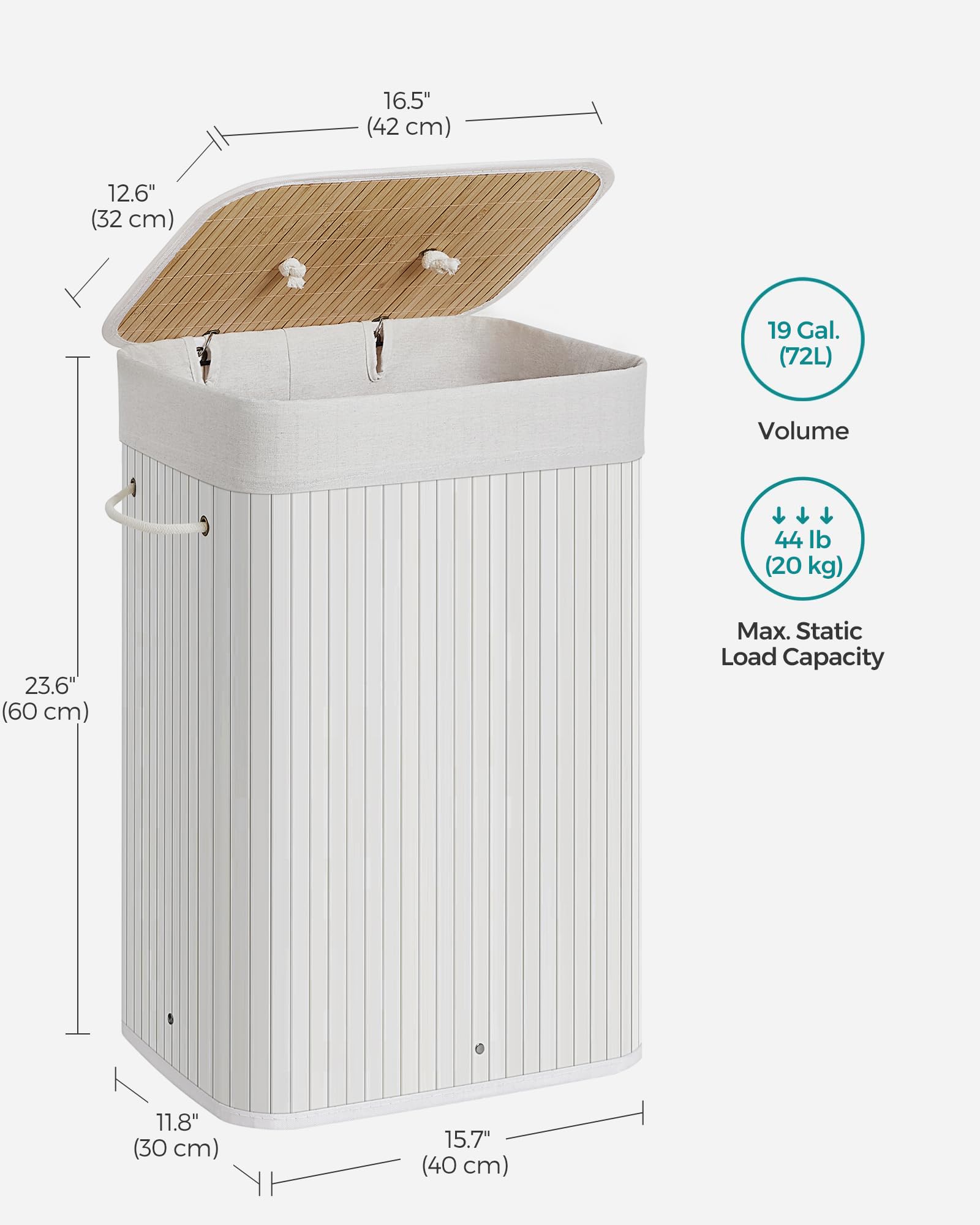 SONGMICS Foldable Laundry Hamper with Lid, 19 Gal. Bamboo Laundry Basket, Rectangular Storage Hamper with 3 Handles, 15.7 x 11.8 x 23.6 Inches, for Laundry Room, Bedroom, White ULCB010W01