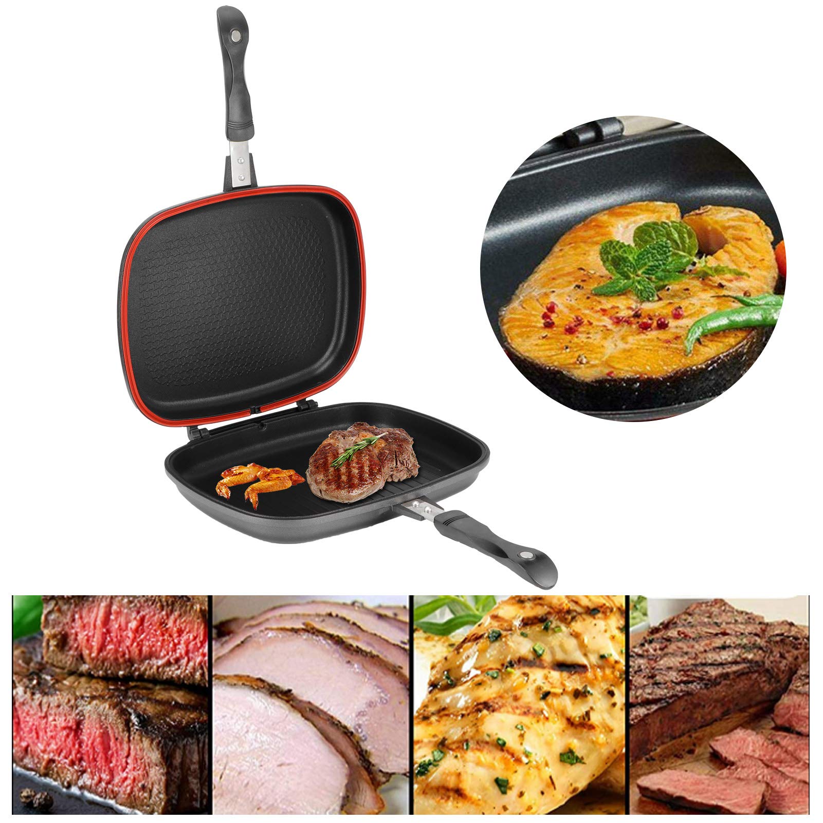 CHICIRIS Double Sided Frying Pan, Double Grill Pan Kitchen Aluminum Baking Grillet for Egg Omelet Sandwich Toaster Panini Meat Barbecue, 12.6 x 10.2 x 2.6in, Black