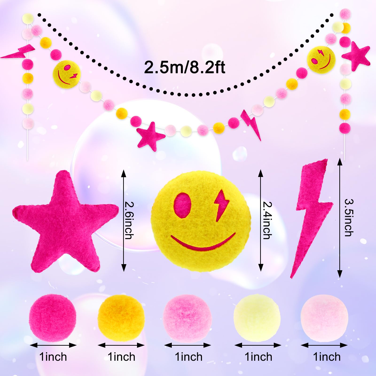 Whaline Preppy Felt Banner 3D Pink Face Lighting Star Banner Felt Ball Garland Pre-Assembled Preppy Theme Bunting Garland for Back to School Dorm Classroom Hanging Decoration Party Supplies