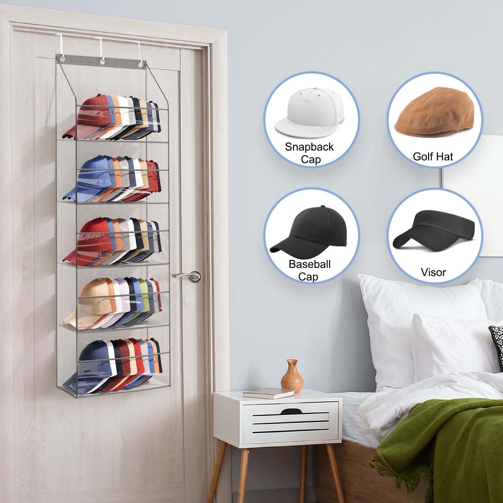 Fixwal Clear Over The Door Hat Racks Hanging Storage with 5 Large Pockets Holds up to 50 Caps Hat Storage Organizer for Closet Wall, Deep Pockets Hanging Hat Holder with 3 Hooks, Grey