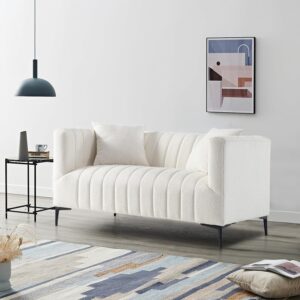 Get Set Style Modern Accent Loveseat Sofa Couch, Tufted Bouclé Upholstered Sherpa Deep Seat Cloud Couch with 2 Pillows, Comfy 2 Seater Love Seat for Living Room Apartment Office Lounge Studio (White)