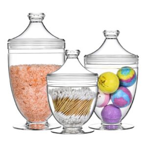 wongblee acrylic apothecary jars with lids, 3-piece vanity organizer canisters, storage container jars for bathroom, laundry room, kitchen, candy buffet