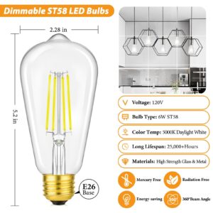 Vintage LED Edison Light Bulbs Dimmable 6W, Equivalent 60W Incandescent, ST58 Antique LED Bulb Daylight White 5000K, LED Filament Bulb E26 Base, CRI 90+, 800lm High Brightness, Clear Glass, Pack of 6