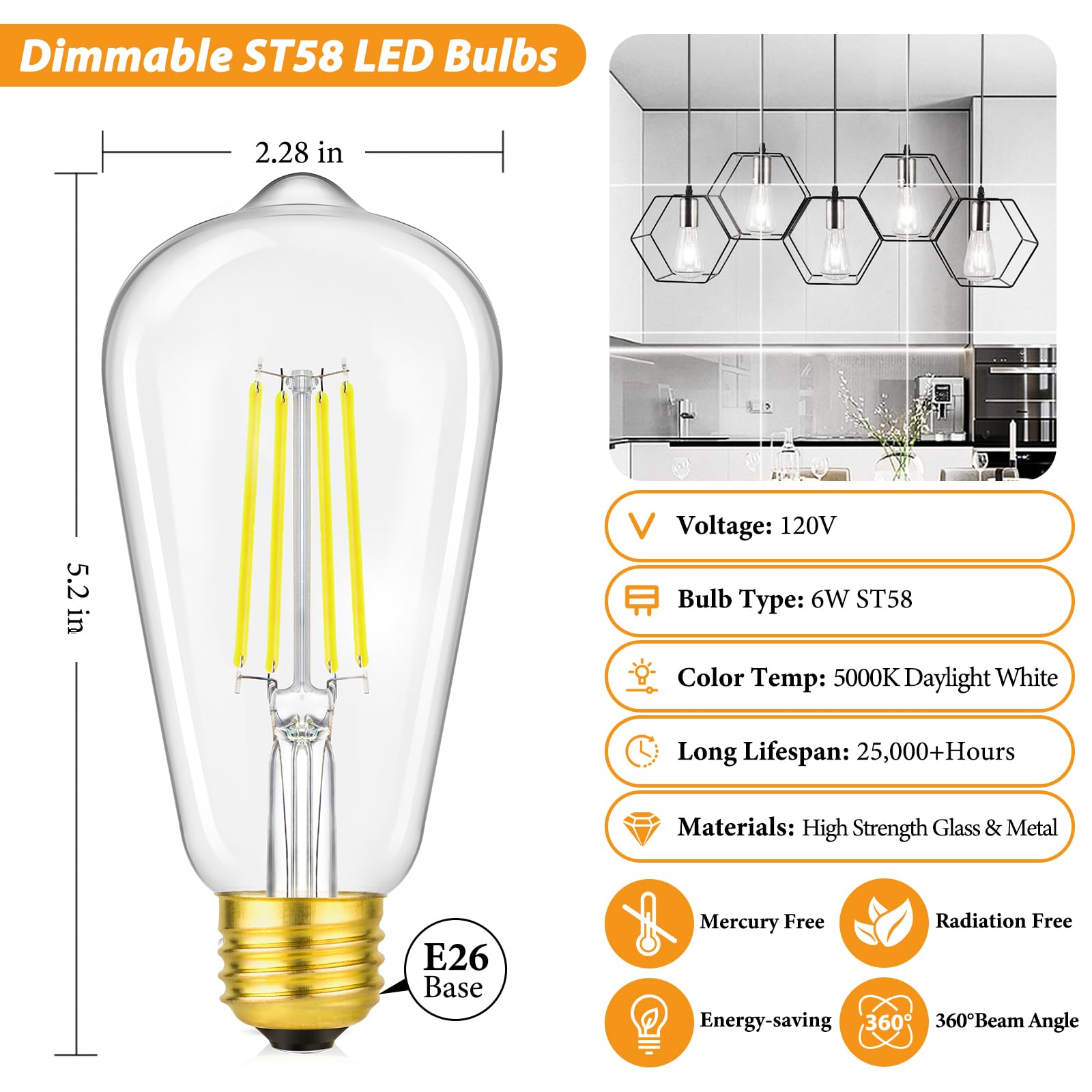 Vintage LED Edison Light Bulbs Dimmable 6W, Equivalent 60W Incandescent, ST58 Antique LED Bulb Daylight White 5000K, LED Filament Bulb E26 Base, CRI 90+, 800lm High Brightness, Clear Glass, Pack of 6