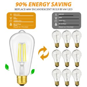 Vintage LED Edison Light Bulbs Dimmable 6W, Equivalent 60W Incandescent, ST58 Antique LED Bulb Daylight White 5000K, LED Filament Bulb E26 Base, CRI 90+, 800lm High Brightness, Clear Glass, Pack of 6