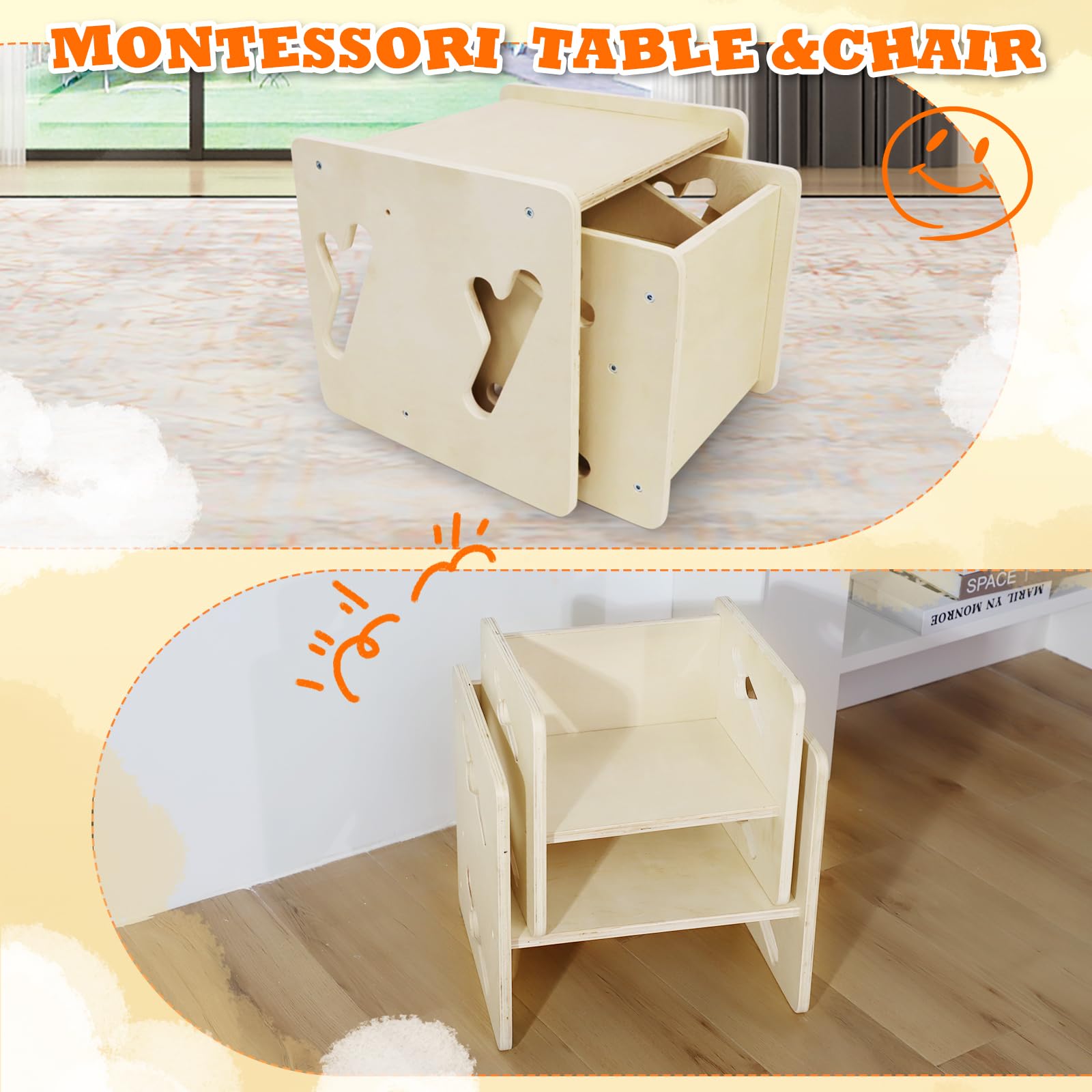 Puecrof Montessori Weaning Table and Chair Solid Wooded Toddler Table and Chair Set Kids Montessori Furniture