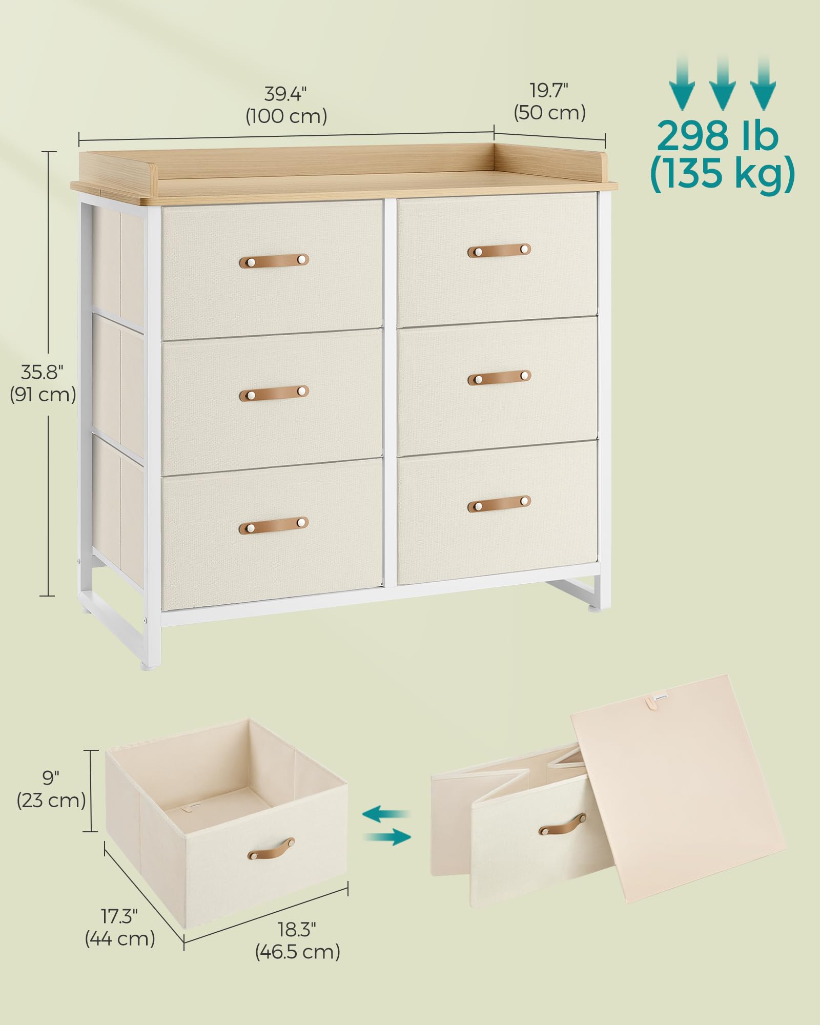 SONGMICS Dresser for Bedroom with 6 Drawers, Chest of Drawers, with Water-Resistant Changing Table, Storage Organizer Cabinet, for Kids Room Nursery Living Room Hallway, Beige UGKR101K01