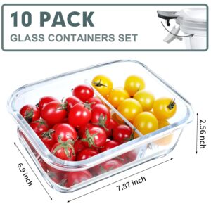 VERONES 10 Pack Glass Meal Prep Containers 2 Compartment Set, 30 OZ Airtight Glass Lunch Containers, Glass Food Storage Containers with Lids, for Microwave, Oven, Freezer & Dishwasher Friendly，Grey