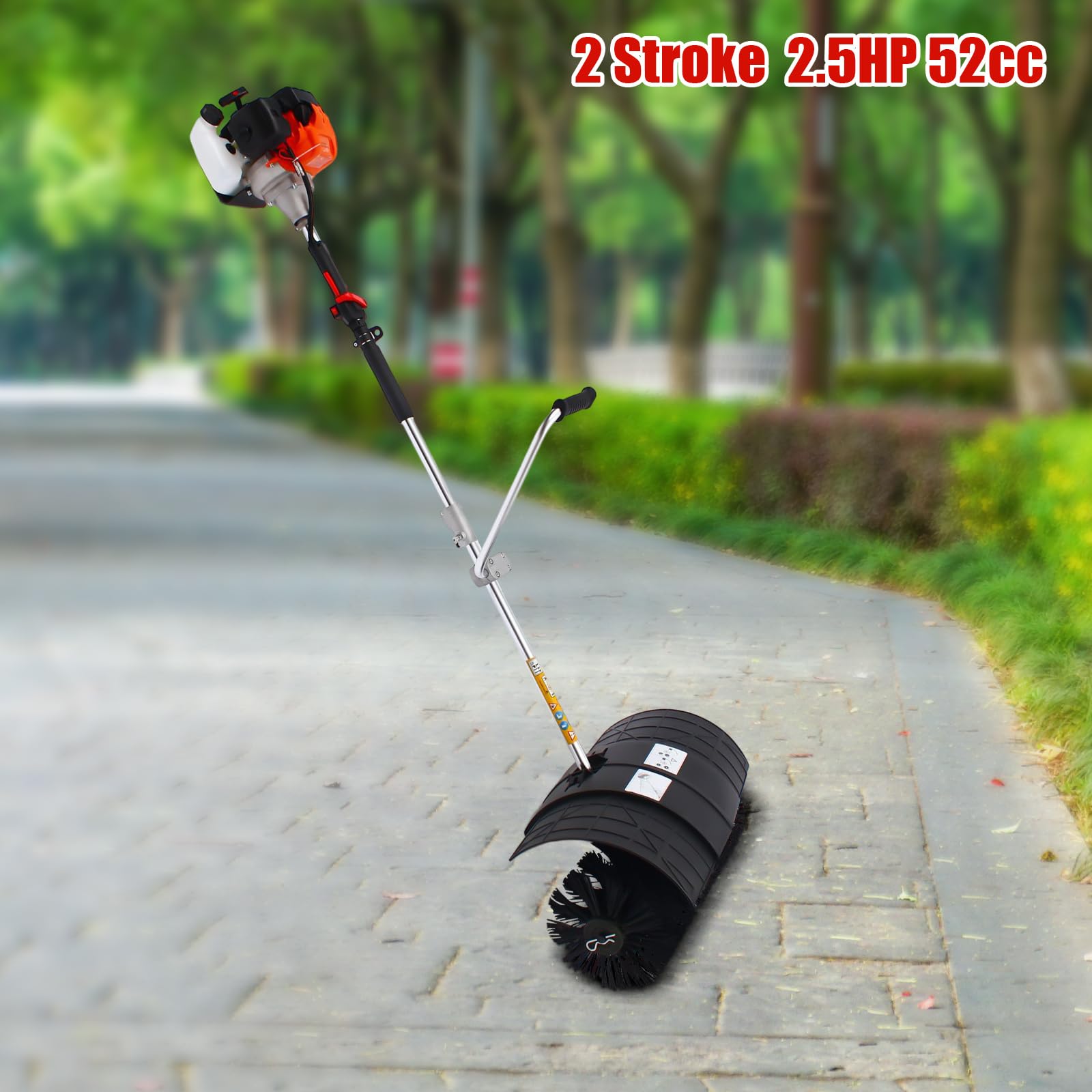 Upgraded Outdoor Walk-Behind Hand Push Gas Power Broom with Blower, 52cc 2.5 HP Gasoline Power Broom Walk Behind Broom Sweeper Cleaning Driveway Tools High Performance Cleaner 1.8M 0.22gal Tank