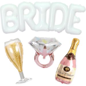 40 inch bride balloons white letters banner - bachelorette party decorations kit - bach party supplies and favors with ring balloon, bottle balloon and glass balloon