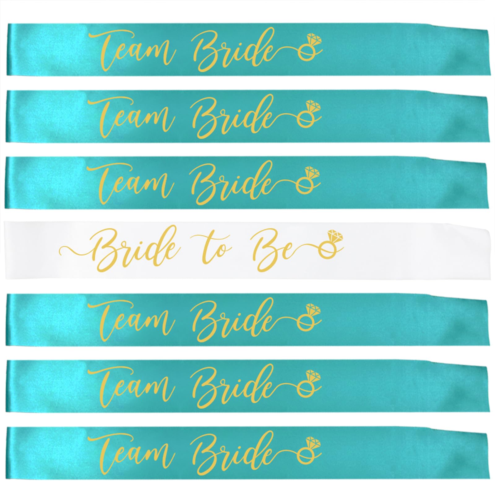 SKJIAYEE 7pcs Bachelorette Party Bride Sashes Set- White Gold Letters Bride to be Sash and Team Bride Sashes for Bachelorette Party Decorations-Bridal Shower Party Favors Gift (White+Teal)