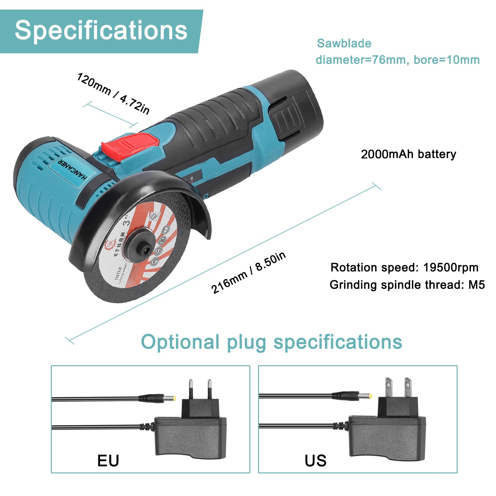 Angle Grinder Cordless, Hancaner Mini Angle Grinder 12V 19500rpm with 2PCS 2000mAh Battery, Handheld Electric Angle Grinder for Cutting Polishing Ceramic Tile Wood Stone Steel