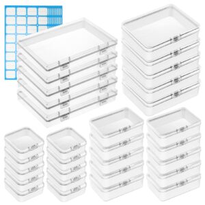 dlonline 30 pieces mixed sizes rectangular mini clear plastic empty storage containers boxes with lids and labels, for art craft jewelry projects and other small items