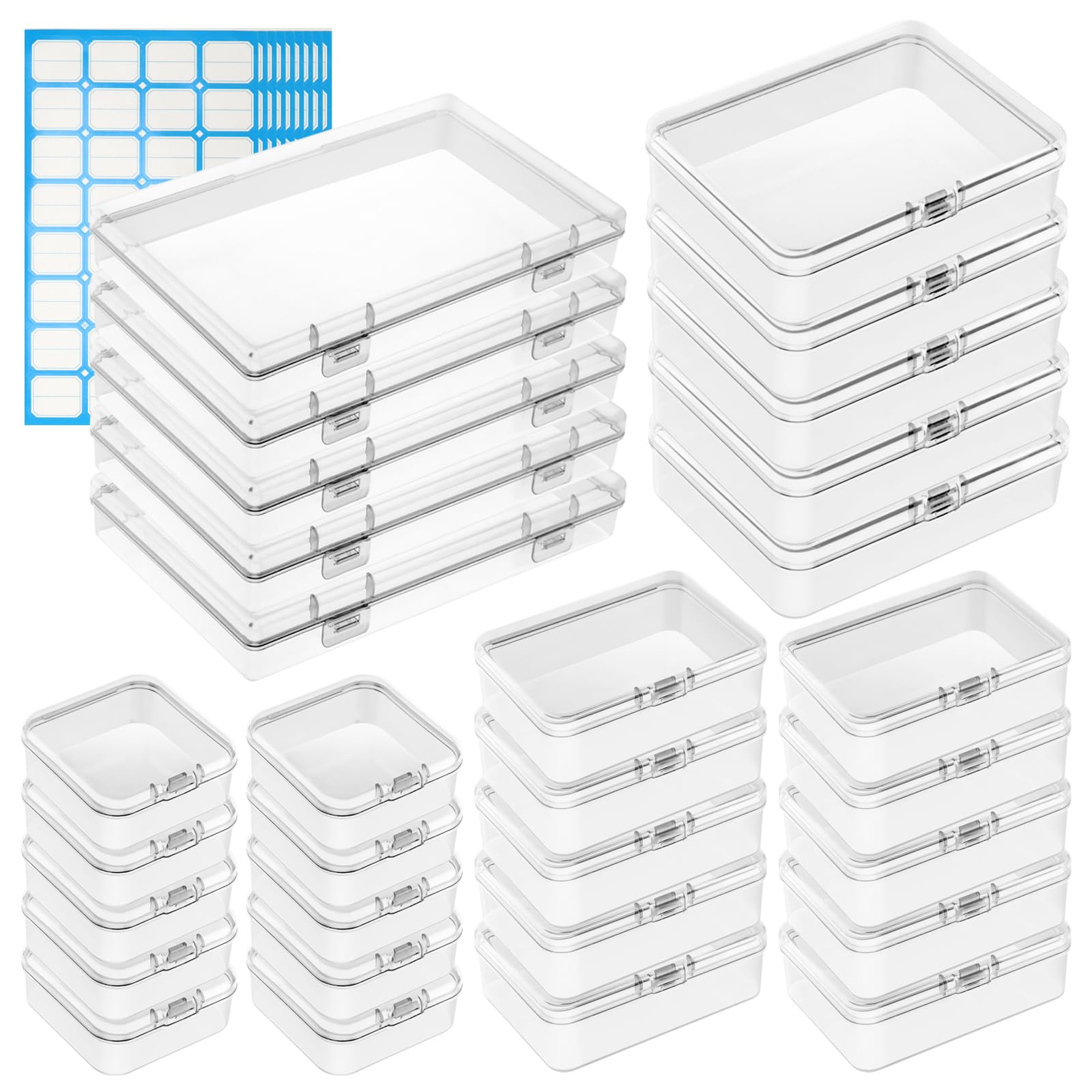 DLOnline 30 Pieces Mixed Sizes Rectangular Mini Clear Plastic Empty Storage Containers Boxes with Lids and Labels, for Art Craft Jewelry Projects and Other Small Items