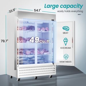 KICHKING 54"W 2 Door Commercial Freezer 49 Cu.Ft Dynamic Cooling OmniSmart Temperature Control -10℉~10℉ Self Closing Stainless Steel Reach-In Commercial Freezer Digital Thermostat LED Light 6 Shelves