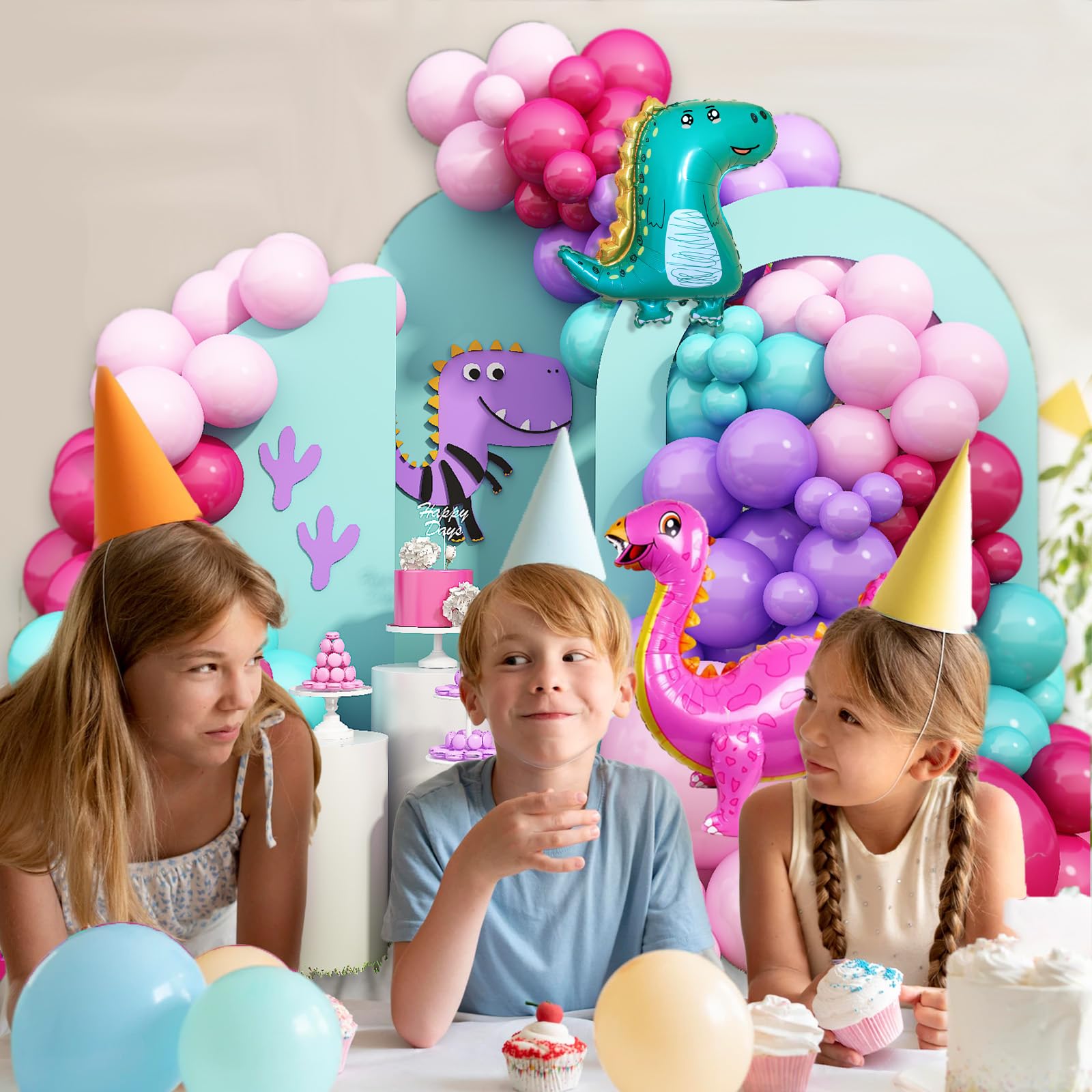 Dinosaur Balloons Arch Garland Kit,Hot Pink Blue Purple Balloon Garland Kit with Dinosaur Foil Balloons for Jungle Safari Dinosaur Themed Party Baby Shower Decorations Supplies Kids Boys