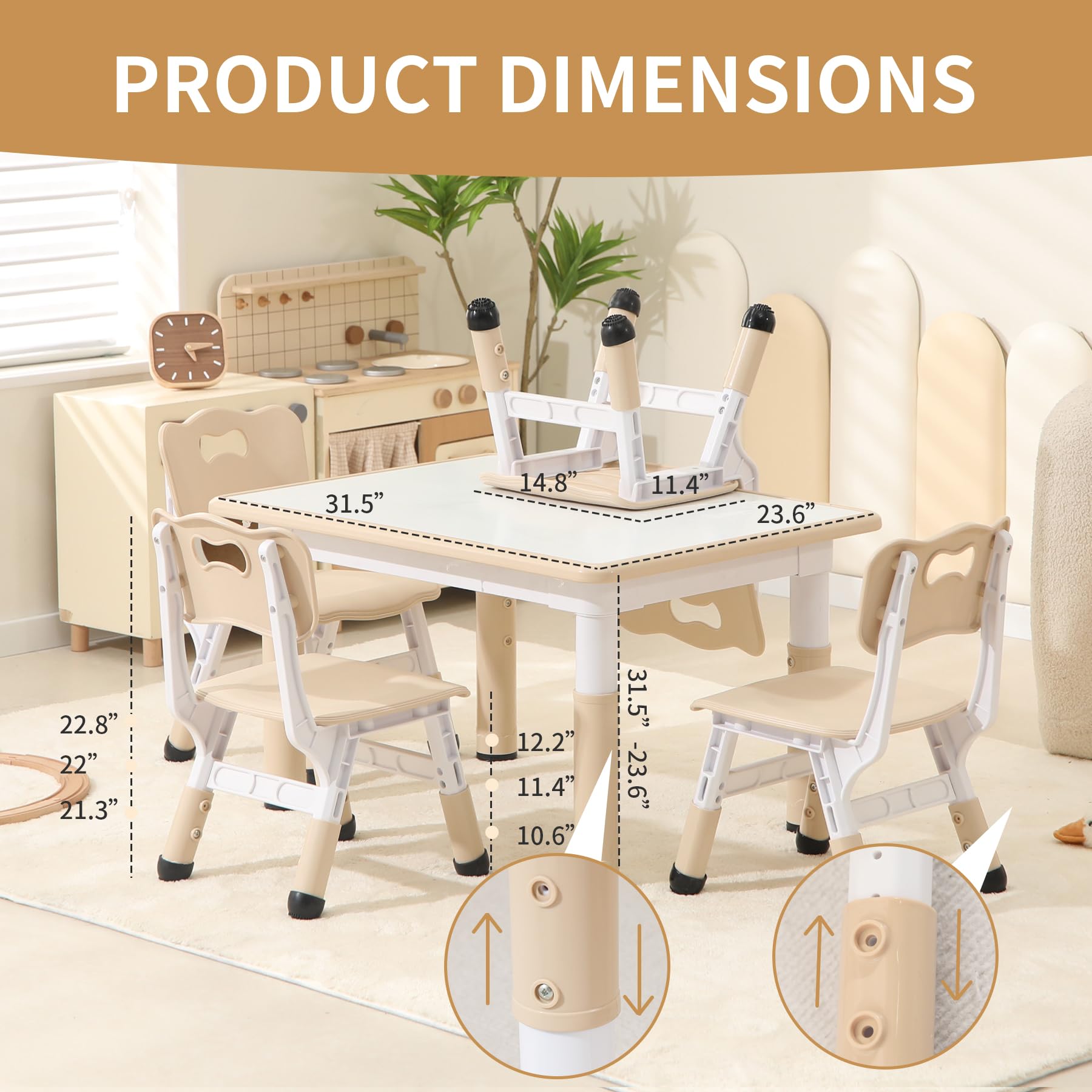 Hulaibit Toddler Table and Chairs, Kids Table and 4 Chairs Set with Graffiti Desktop, Height-Adjustable Kids Study Table for Boys and Girls Aged 3-8, Max 300lbs