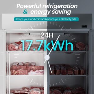 KICHKING 54"W 2 Door Commercial Freezer 49 Cu.Ft Dynamic Cooling OmniSmart Temperature Control -10℉~10℉ Self Closing Stainless Steel Reach-In Commercial Freezer Digital Thermostat LED Light 6 Shelves