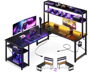 aodk l shaped gaming desk with hutch & 2 power outlets & 2 led strips & monitor stand, 66" reversible computer desk with storage shelves, corner desk for home office, black