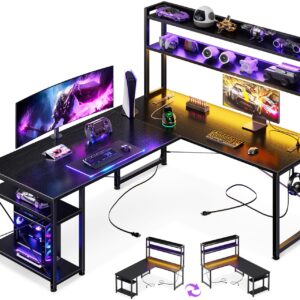 AODK L Shaped Gaming Desk with Hutch & 2 Power Outlets & 2 LED Strips & Monitor Stand, 66" Reversible Computer Desk with Storage Shelves, Corner Desk for Home Office, Black