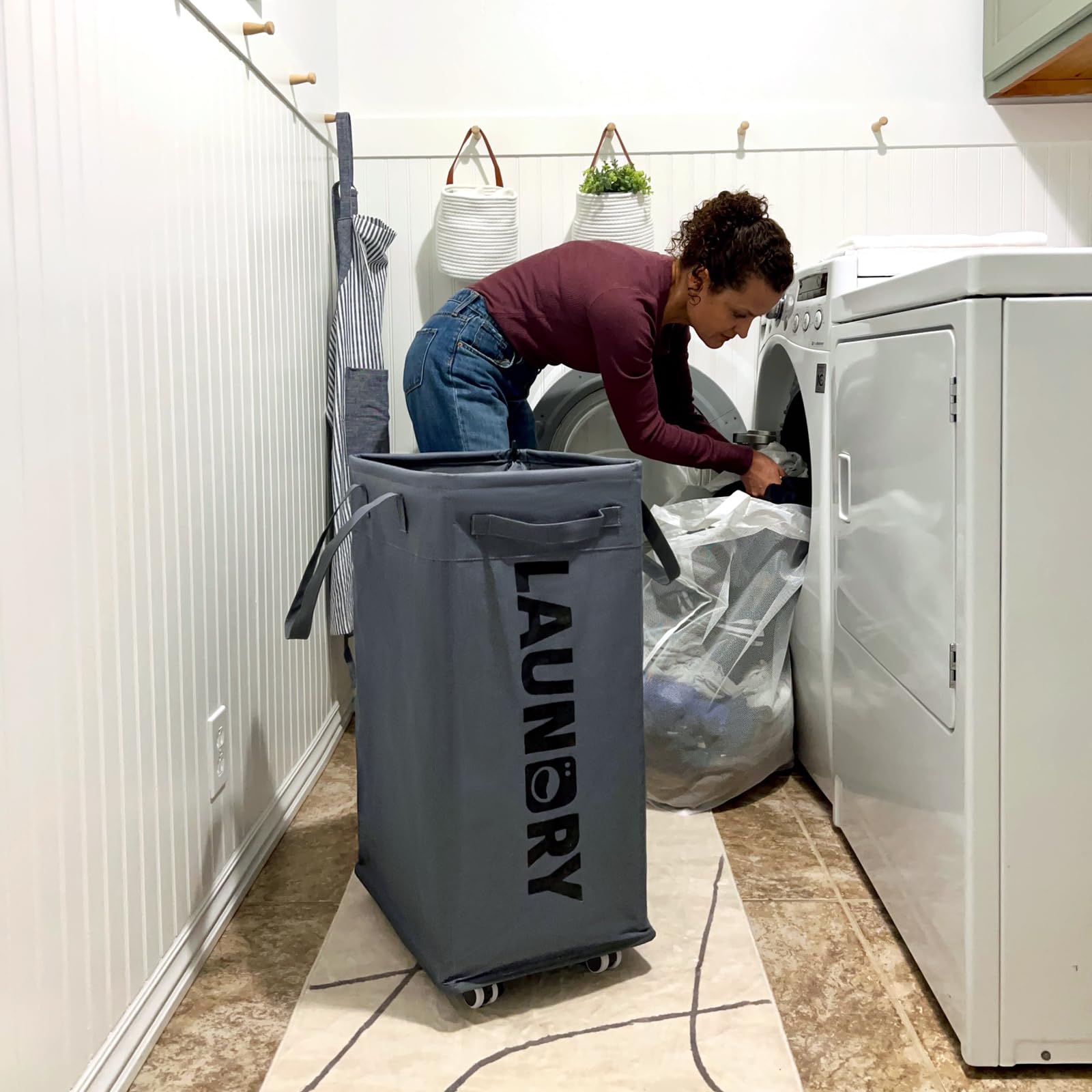 Goodpick Laundry Basket with Wheels, 75L Collapsible Laundry Hamper, Clothes Hamper with Removable Wash Bag for Laundry Room, Rolling Laundry Basket with Handles, Grey