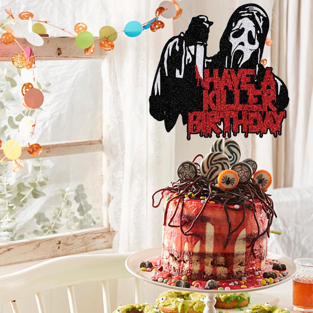 PALASASA Have a Killer Birthday Glitter Cake Topper,For Horror Classic Halloween Bloody Theme Birthday Party Cake Decorations (Death Killer)