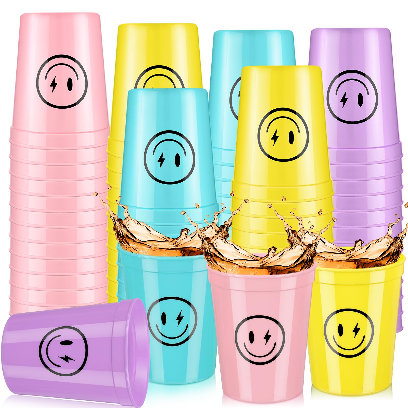 Norme 24 Pcs Smile Pattern Drink Cups Smile Face Plastic Cups 16 oz Reusable Drink Cups Birthday Cups for Kids First Birthday Party Picnics Sports Event Wedding Bachelorette Party Decorations (Funny)