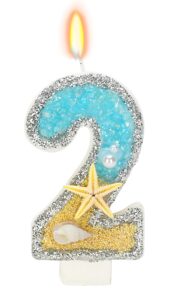 elekfx 2nd birthday candle for cake, beach starfish sequins number cake candles, 2.76 inch number 2 birthday decorations, cake topper decoration for birthday party (number 2)