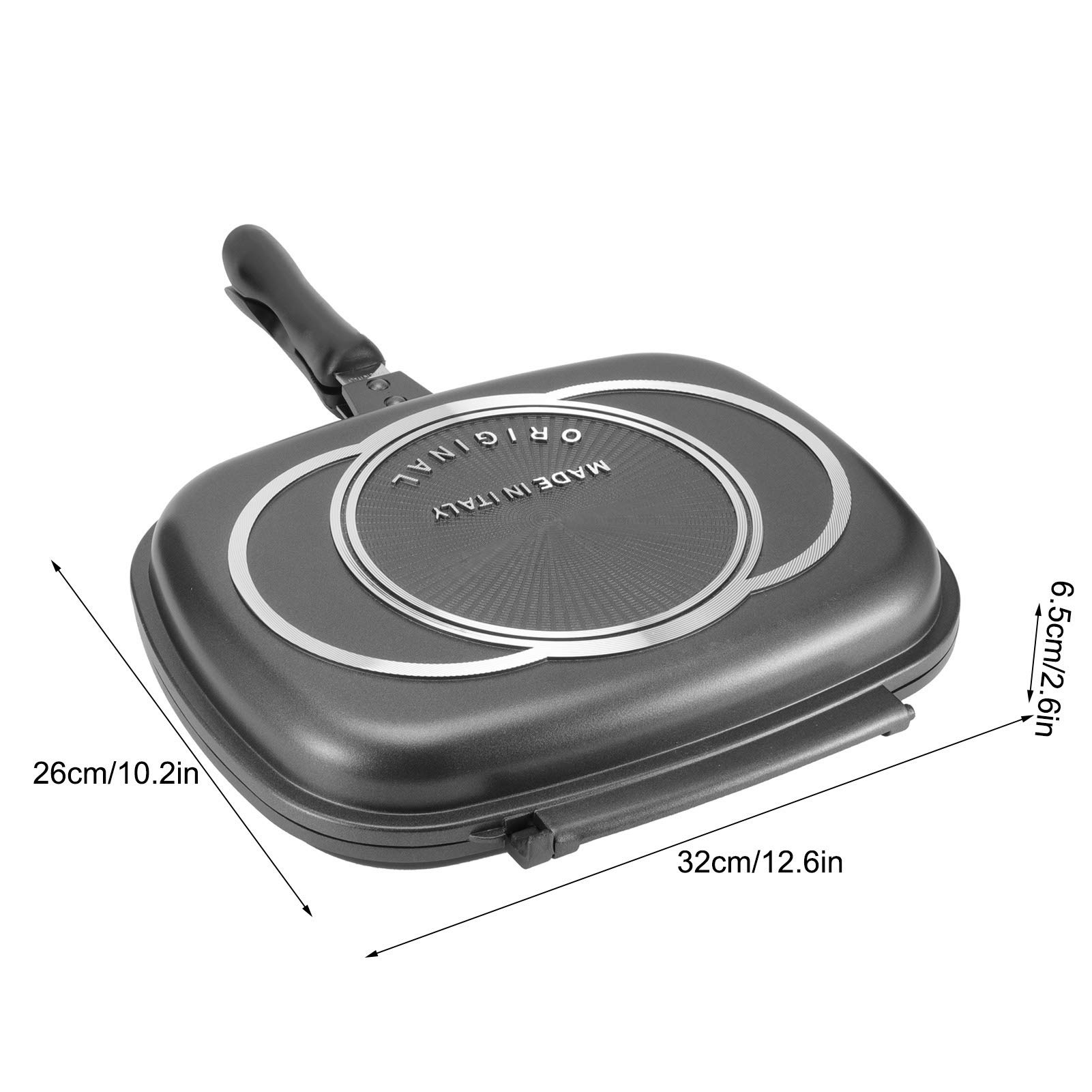 CHICIRIS Double Sided Frying Pan, Double Grill Pan Kitchen Aluminum Baking Grillet for Egg Omelet Sandwich Toaster Panini Meat Barbecue, 12.6 x 10.2 x 2.6in, Black