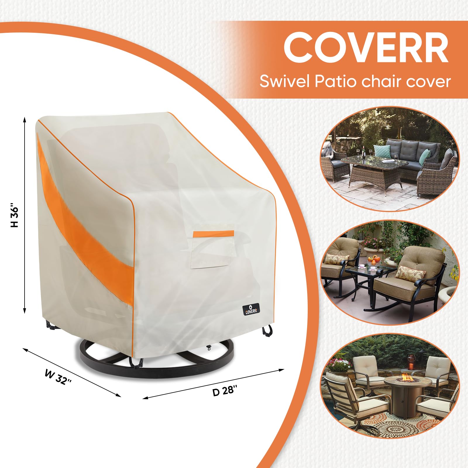 COVERR Outdoor Patio Furniture Cover, Waterproof Heavy Duty Patio Chair Cover, Patio Chair Covers 2 Pack Fits Up to 28Wx32Dx36H inches (Beige & Orange)…