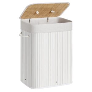 songmics foldable laundry hamper with lid, 19 gal. bamboo laundry basket, rectangular storage hamper with 3 handles, 15.7 x 11.8 x 23.6 inches, for laundry room, bedroom, white ulcb010w01