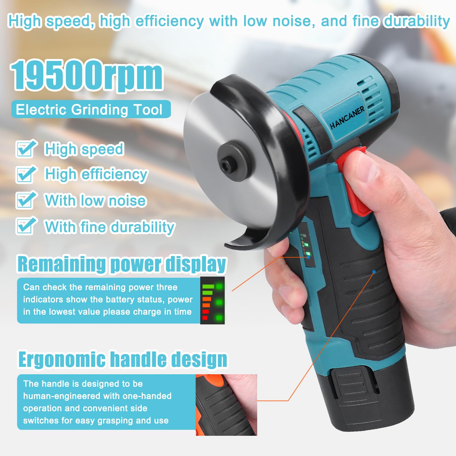 Angle Grinder Cordless, Hancaner Mini Angle Grinder 12V 19500rpm with 2PCS 2000mAh Battery, Handheld Electric Angle Grinder for Cutting Polishing Ceramic Tile Wood Stone Steel