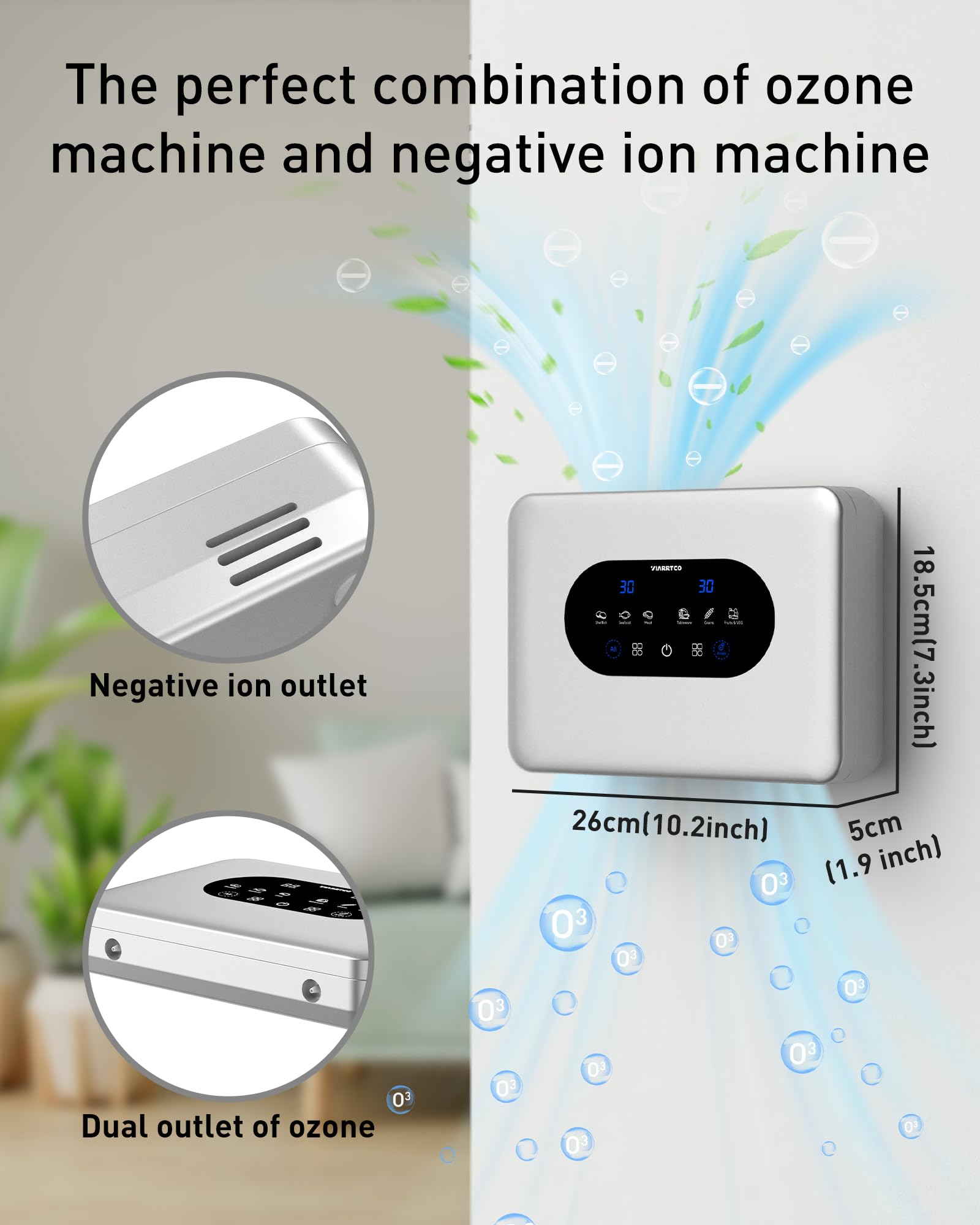 Portable Ozone Machine Generation for Water and Air, with Dual Outlets, Negative Ion and Timer，Silver