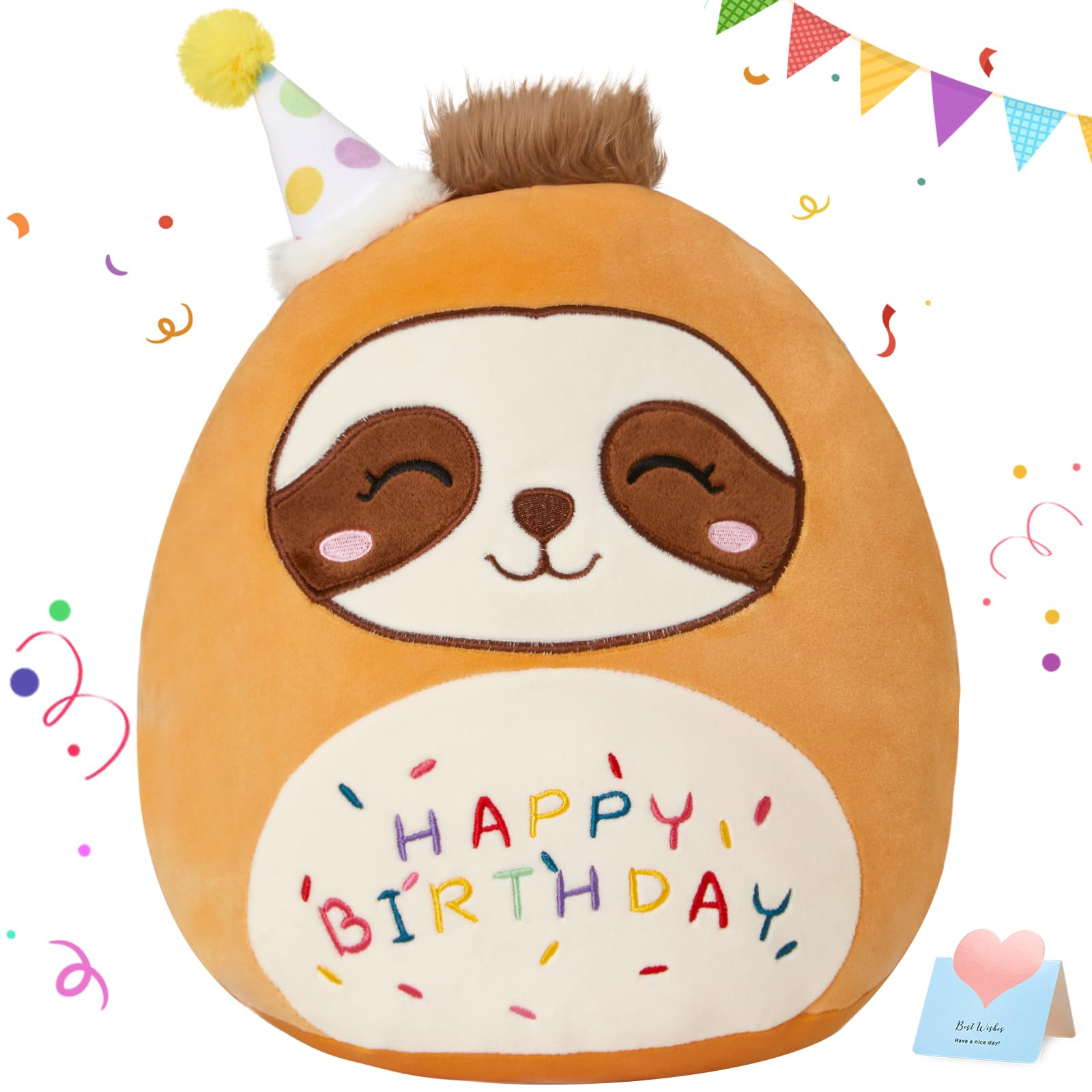 CozyWorld 15" Birthday Sloth Plush Pillow Soft Sloth Plush Toy Cute Sloth Stuffed Animal Home Room Decoration Birthday Gift for Kids Toddlers Brown