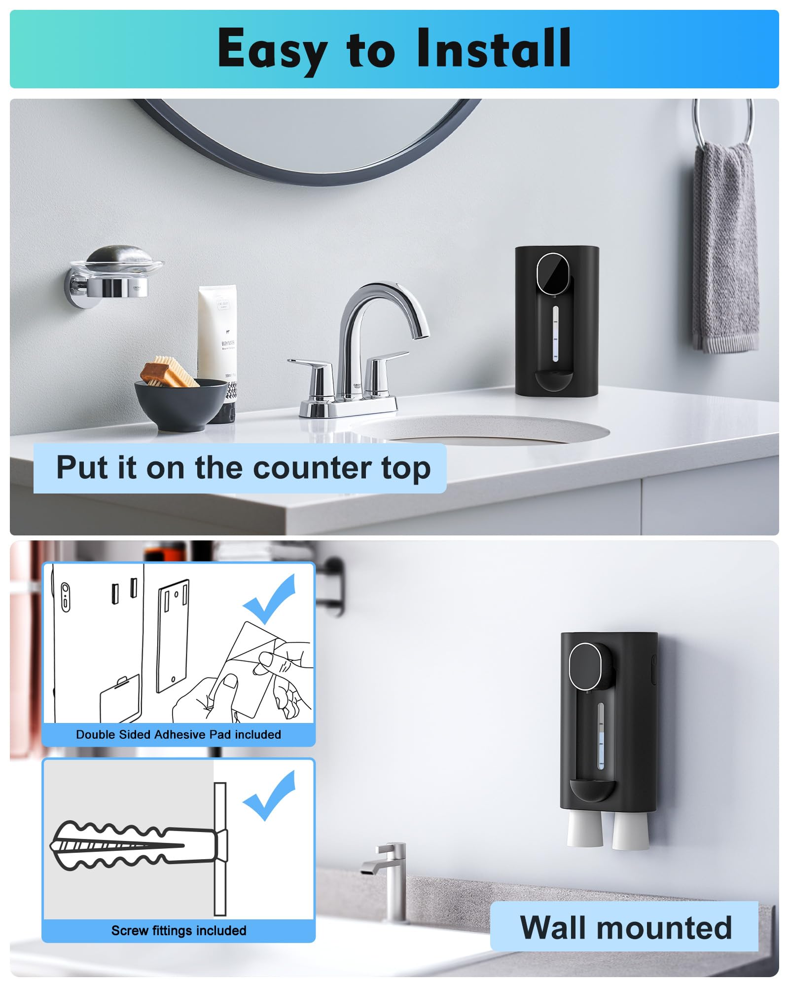 Hoofun Automatic Mouthwash Dispenser for Bathroom,18.26Oz Wall Mounted Mouth Wash Dispenser with Magnetic Cups, 3 Dispensing Level, Smart Mouthwash Dispenser for Kids Adult, Bathroom Accessories Black