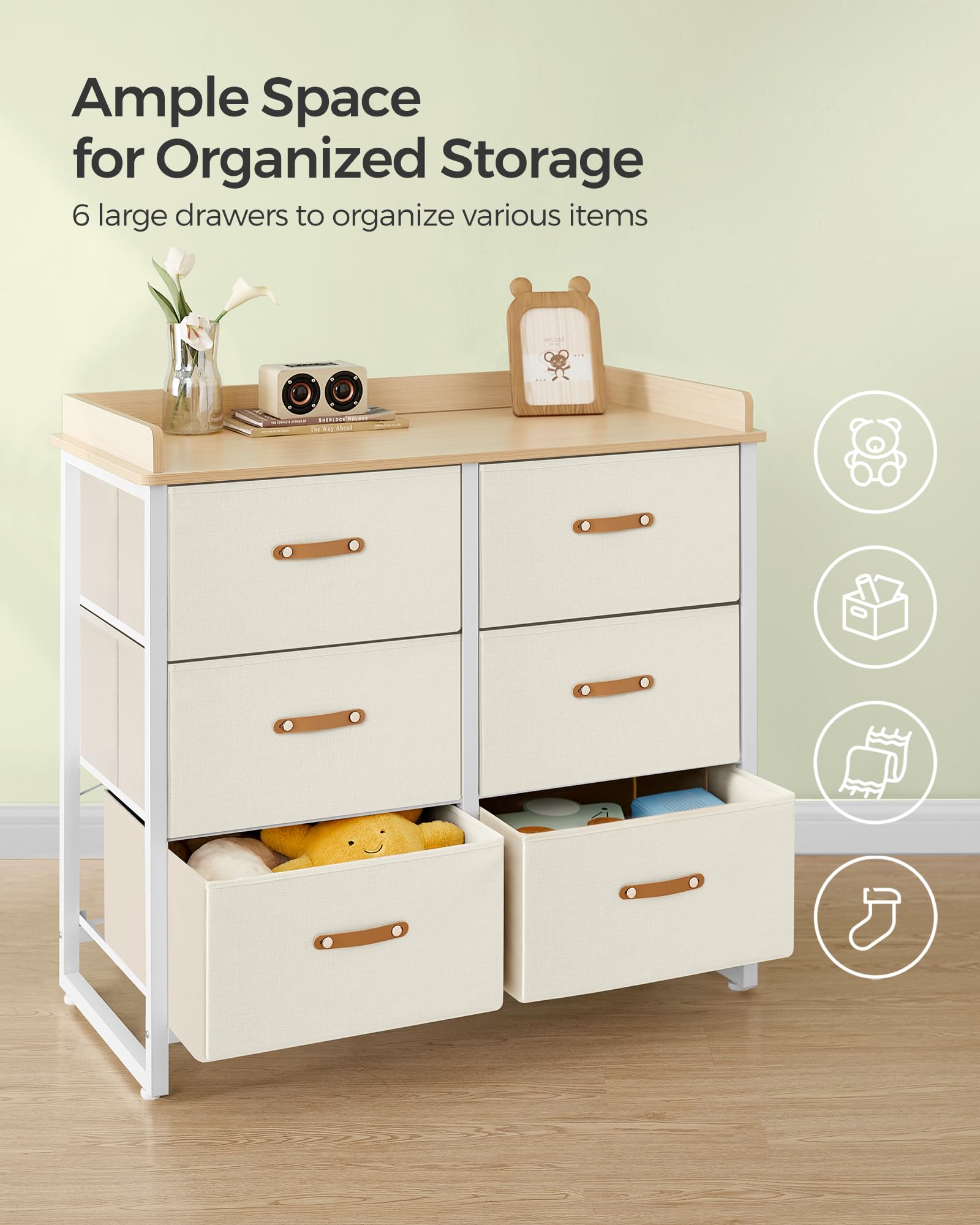 SONGMICS Dresser for Bedroom with 6 Drawers, Chest of Drawers, with Water-Resistant Changing Table, Storage Organizer Cabinet, for Kids Room Nursery Living Room Hallway, Beige UGKR101K01