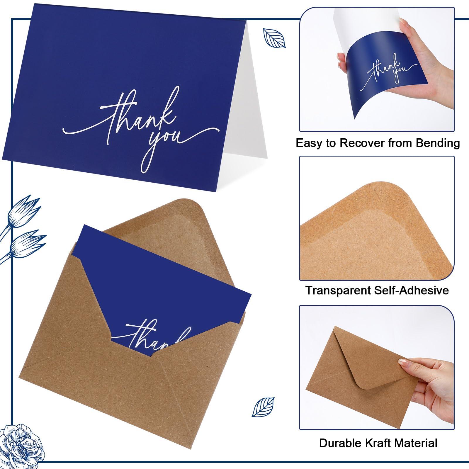 Gueevin 200 Pcs Thank You Cards with Kraft Envelopes and Stickers Bulk,3.5 x 5 Inch Classy Blank Thank You Notes for Wedding,Business,Graduation,Baby Shower,Bridal Shower,Funeral(Navy Blue)