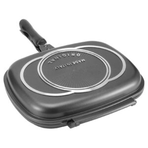 chiciris double sided frying pan, double grill pan kitchen aluminum baking grillet for egg omelet sandwich toaster panini meat barbecue, 12.6 x 10.2 x 2.6in, black